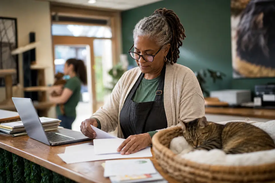 Animal rescue volunteer preparing donor thank-you letters at a front desk