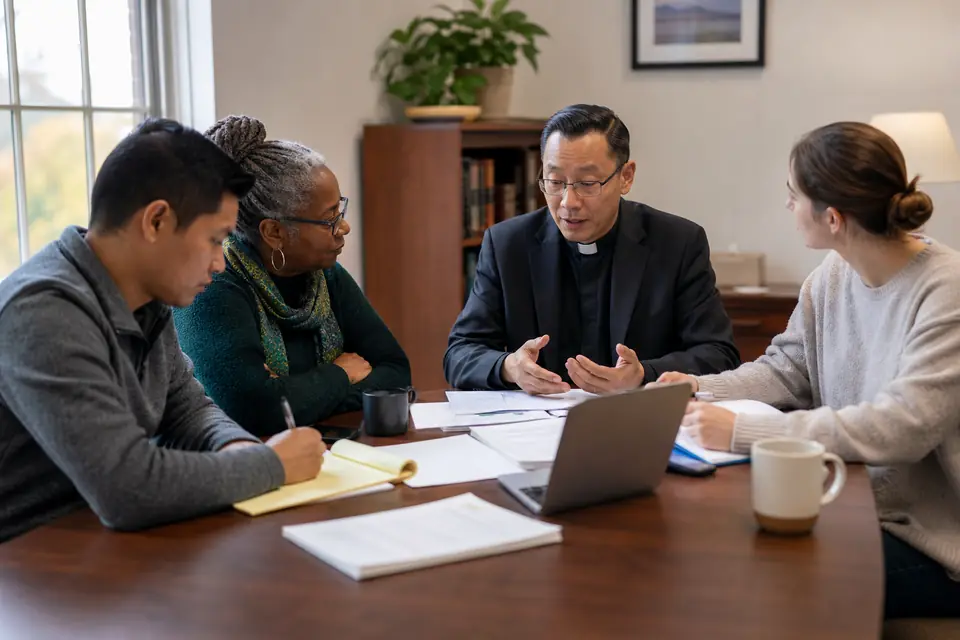 A pastor and three volunteers holding a meeting around a table in a church office.