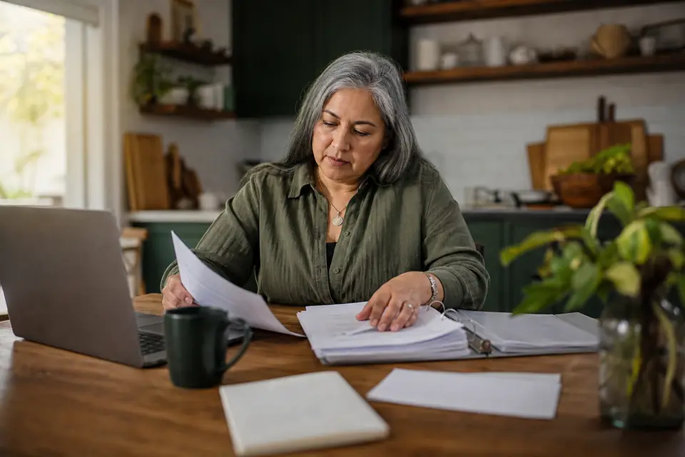 Nonprofit founder at a kitchen table assembling application documents beside a laptop.