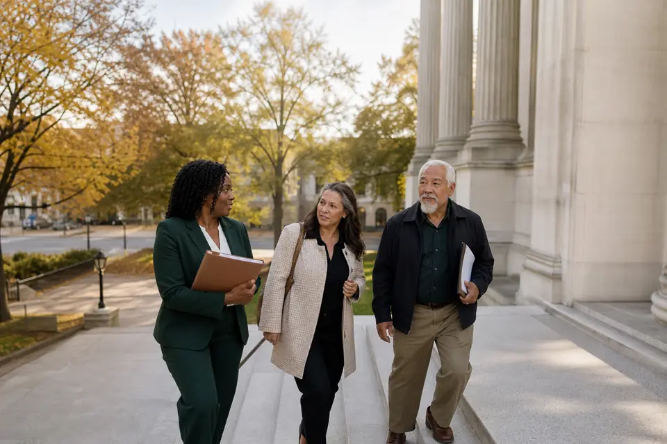 Nonprofit advocates walking up state capitol steps with a folder of fact sheets