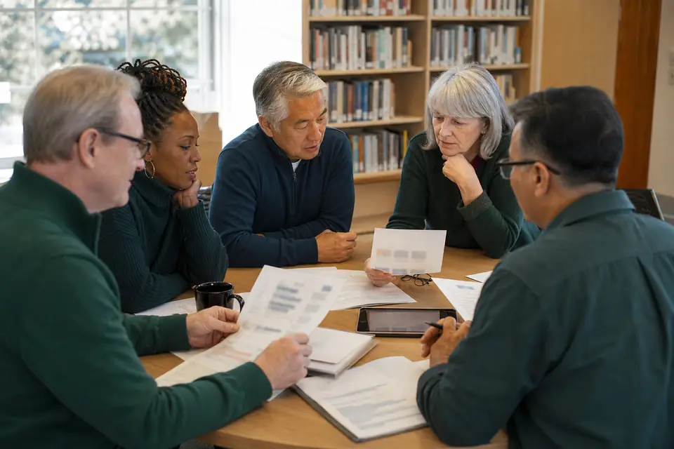 Five volunteer board members reviewing printed bylaws at a library meeting room table.