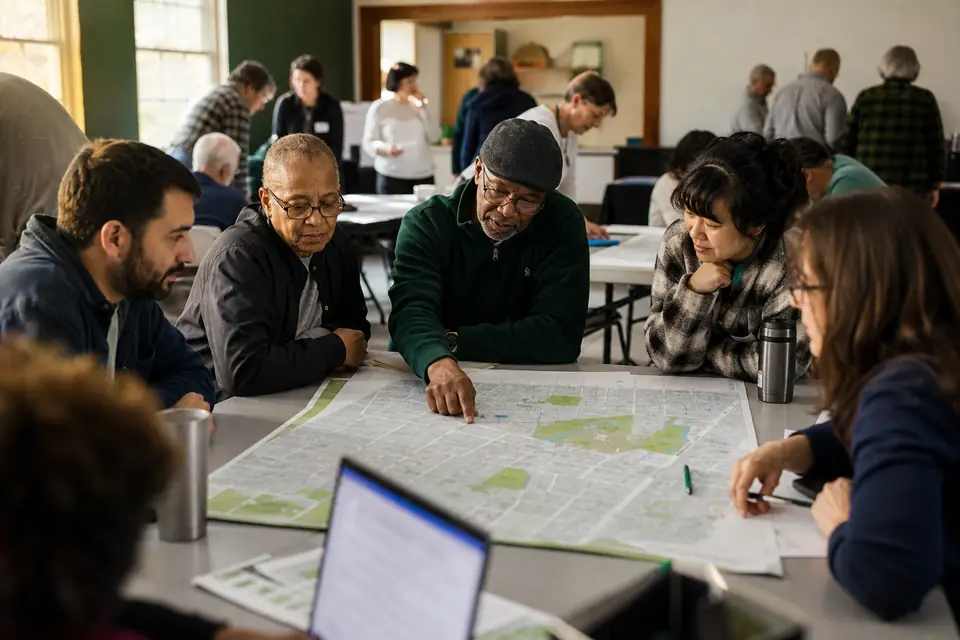 Neighborhood association members planning street and park improvements at a community center meeting