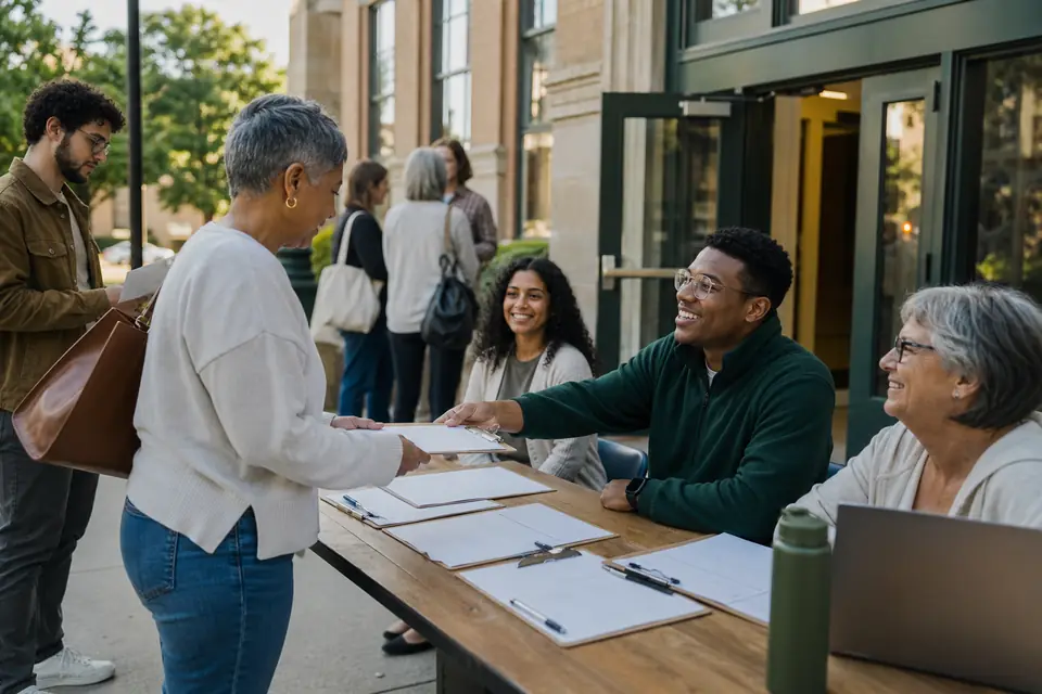 Volunteers helping residents at a nonpartisan voter registration table outside a library