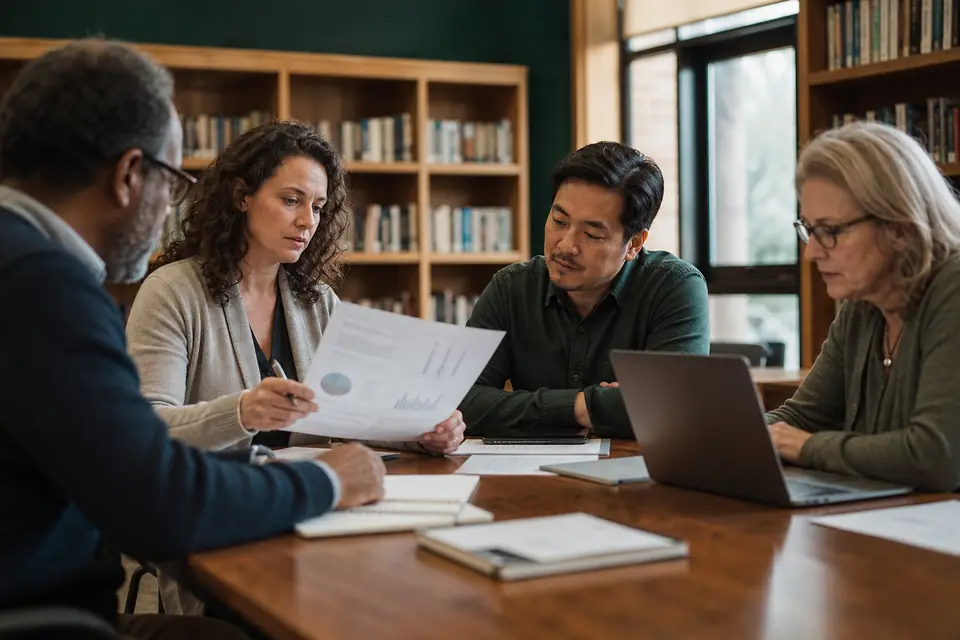 Nonprofit board members reviewing compensation data at a library meeting-room table