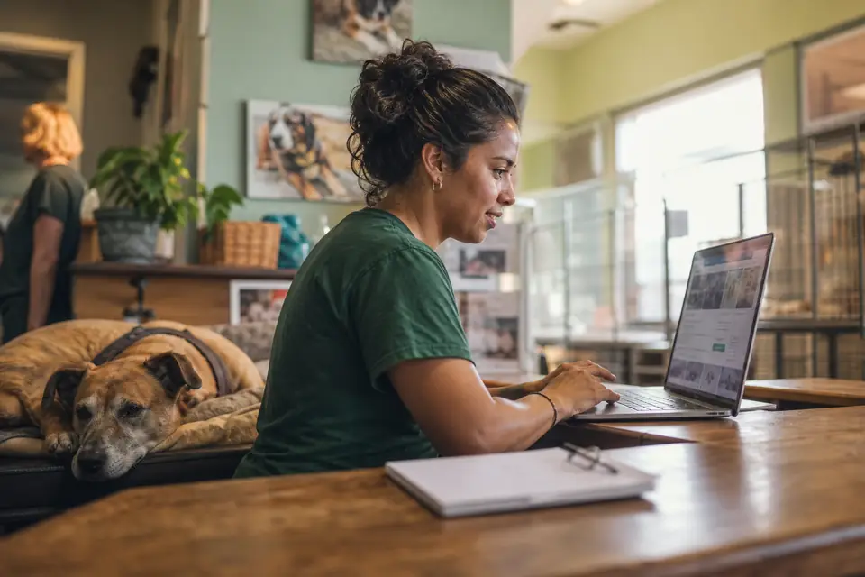 Animal rescue volunteer setting up an online donation page on a laptop.
