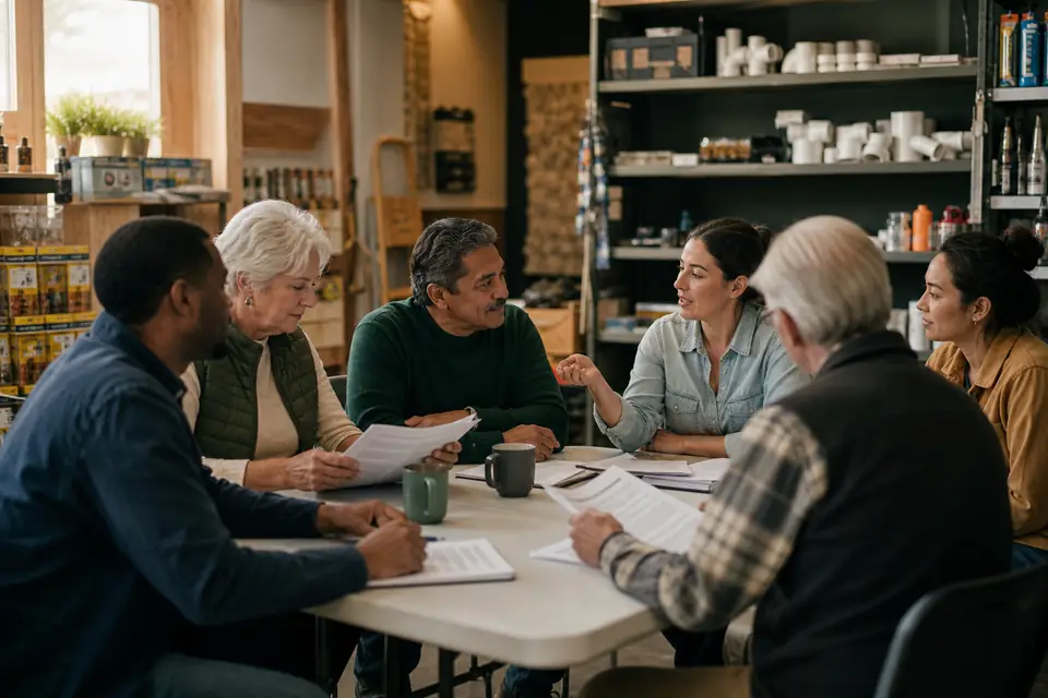 Local business owners at a merchants' association meeting in a hardware store back room.