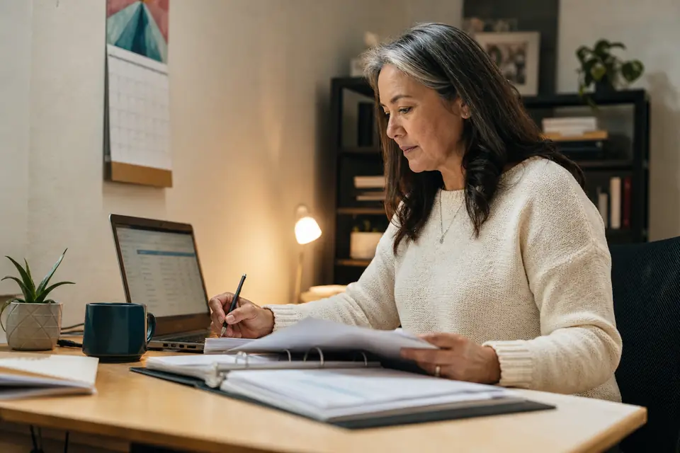 A nonprofit volunteer treasurer working at a desk with a calendar and binder.