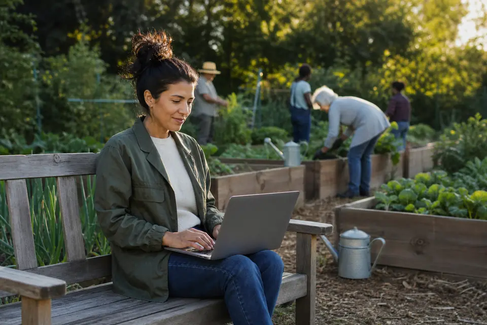 A community garden volunteer coordinator working on a laptop on a garden bench.