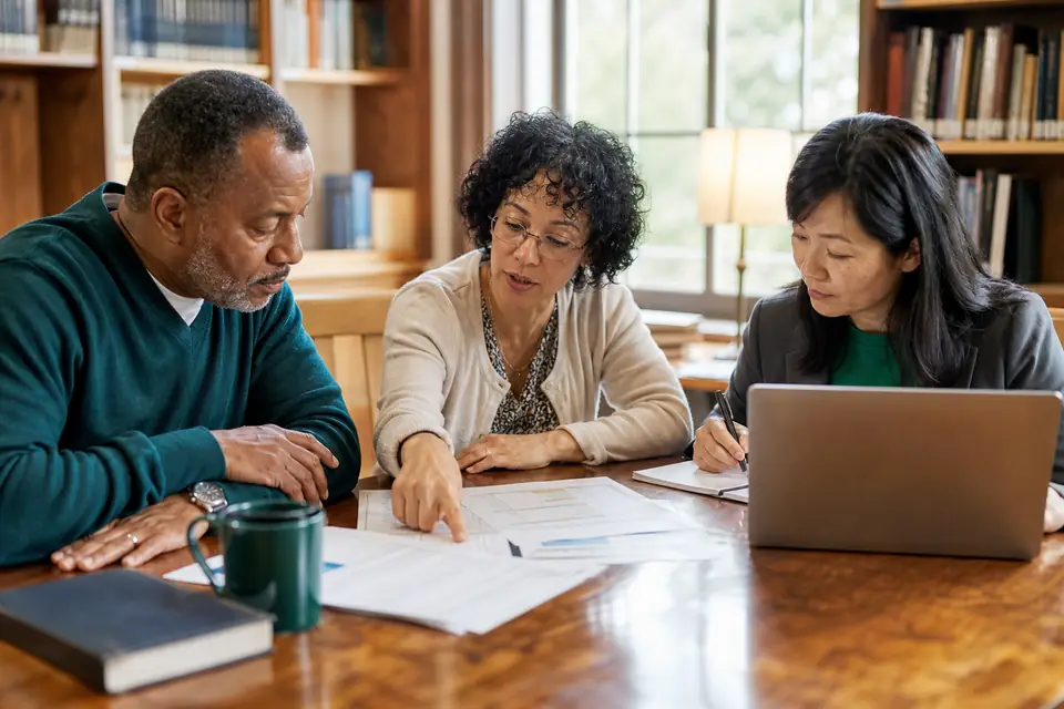 Three nonprofit board volunteers reviewing a printed budget in a library meeting room.