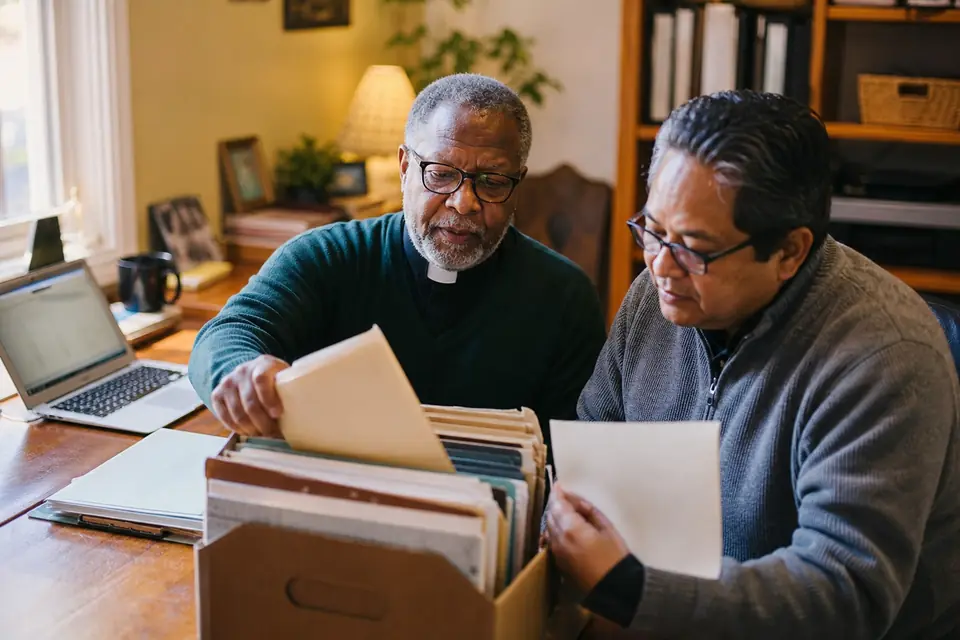 A pastor and volunteer treasurer sorting old financial records in a church office.