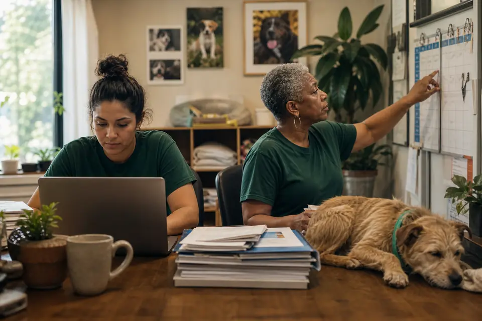 Animal rescue volunteers at a desk with folders and a laptop, a dog sleeping nearby.